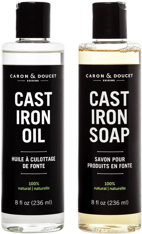CARON & DOUCET Cast Iron Cleaning & Conditioning Set: 100% Plant-Based Seasoning Oil & Cleaning Soap, 8oz Each