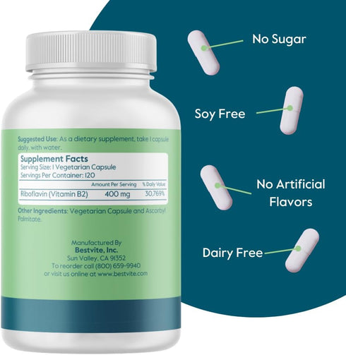 BESTVITE Vitamin B-2 (Riboflavin) 400mg (120 Vegetarian Capsules) - No Stearates - Vegan - Non GMO - Gluten Free