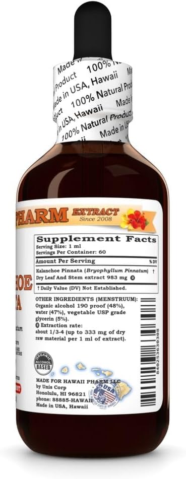 Hawaii Pharm 2 fl.oz Kalanchoe Pinnata (Bryophyllum Pinnatum) Dry Leaf and Stem Tincture, Made in Hawaii, All Natural