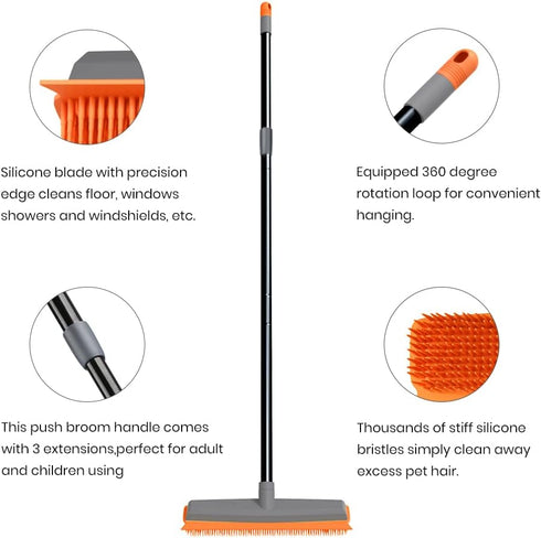 TreeLen Rubber Broom - Carpet Rake Pet Hair Remover with Squeegee Extension for Cleaning Floors