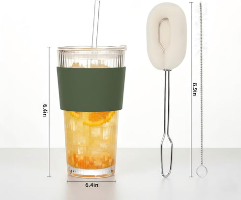 HYLEBOR 20 oz 6-Piece Set, 2 Ribbed Glass Tumblers with Lids and Glass Straws Glassware Thickened Wall, Ideal for Iced