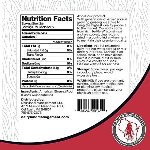Dairyland Concentrated American Ginseng Powder - 4 oz Non-GMO, Gluten Free Herbal Supplement for Smoothies, Baking, Tea