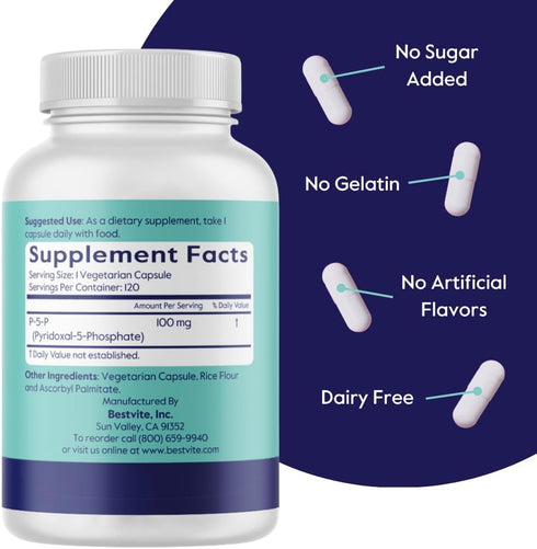 BESTVITE P-5-P 100mg (240 Vegetarian Capsules) - CoEnzymated Form of B-6, Vegan, Non-GMO, Gluten Free
