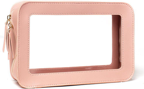 Clear Makeup Bag Organizer, TSA Approved Portable Travel Cosmetic Bag for Women, Pink Vegan Leather