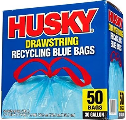 Poly-America HK30DS050BU 30-Gallon 50 Count Husky Drawstring Recycling Blue Bags