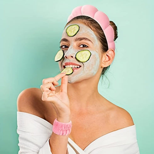 Spa Headband for Washing Face, Velvet Makeup Headband with Face Wash Wristbands, Red Sponge Puffy Headband