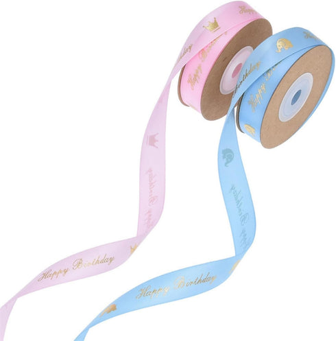 Happy Birthday Ribbon 2 Rolls Cake Decorations 1.5cm 0.59"Satin Gift Wrap Ribbons Gold stamping for Bouquet,DIY Flower Birthday Wrapping, Craft Bow Making,Party Supplies 2color 20yards/pack(Blue+Pink)