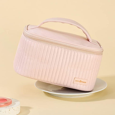 Makeup Bag, Travel Cosmetic Case with Brush Organizer, Double-way Zipper Beauty Bag for Skincare Products (Pink)