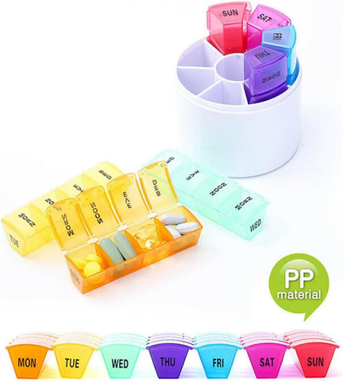 HONITANO 28 Weekly Pill Organizer Compartments Portable Round Medicine Box with Colorful Pu Case for Travel and Daily