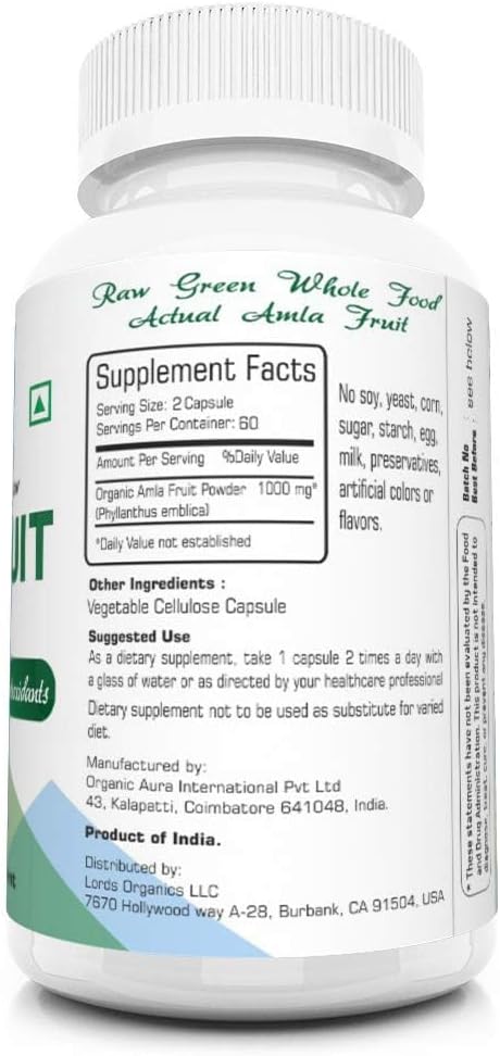AMLA Capsules - 1000mg per Serving, 120 Veg Capsules - Natural Vitamin C & Antioxidants, Raw Whole Superfood