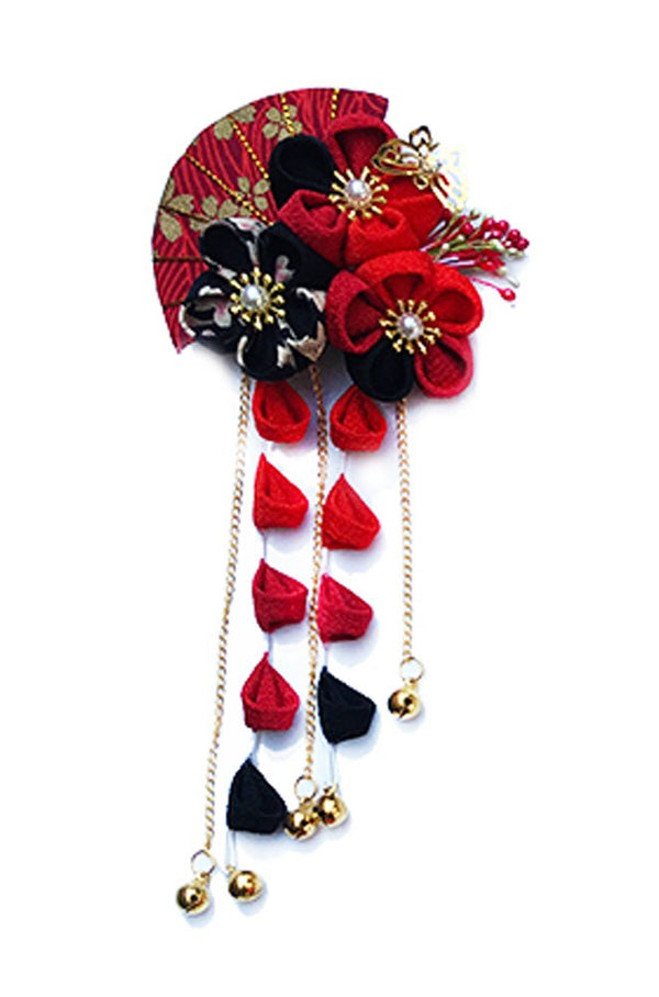 Women's Girls Japanese Kimono Flower Kanzashi Hair Ornament Tie Band Clip (Red/Black)
