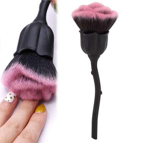 Rose Shaped Nail Dust Brush, Long Handle Nail Powder Brush for Makeup & Manicure Dust Remover Brush for Clean (Black +
