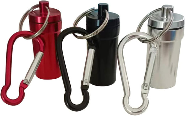 Aluminum Pill Box Keychain with Carabiner, Waterproof Metal Container for Travel, Camping (Black, Red, Silver)