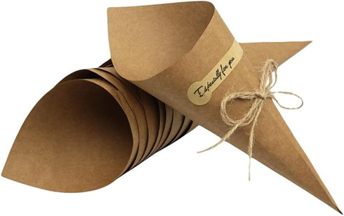 50Pcs Kraft Paper Cones Bouquet Wrapping Paper Cones Wedding Confetti Candy Gift Flower Paper Cones Holder with Hemp Ropes for DIY Wedding Table Decor Party Gift Packaging, Brown