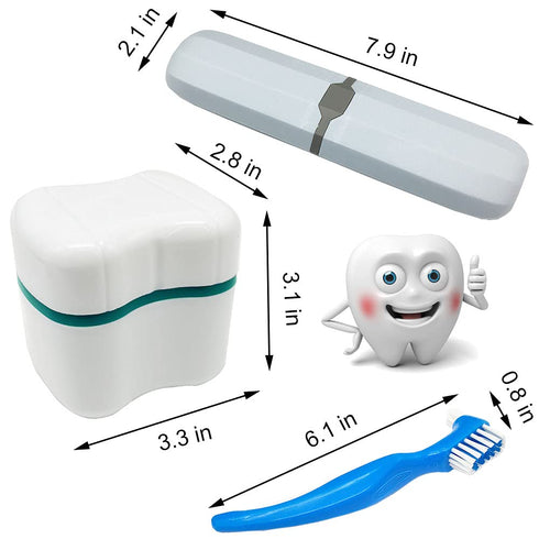 Denture Case Kit with 2 Bath Cups, 2 Denture Brushes & 2 Portable Toothbrush Boxes for Travel