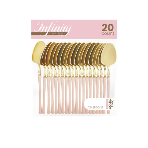Blue Sky Infinity Flatware Gold & Pink Teaspoons, 20 Count | Luxurious Disposable Plastic Cutlery for Events and Parties