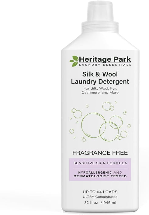 Heritage Park Hypoallergenic Silk & Wool Laundry Detergent, Fragrance Free, pH-Neutral, 32 fl oz, 64 Loads