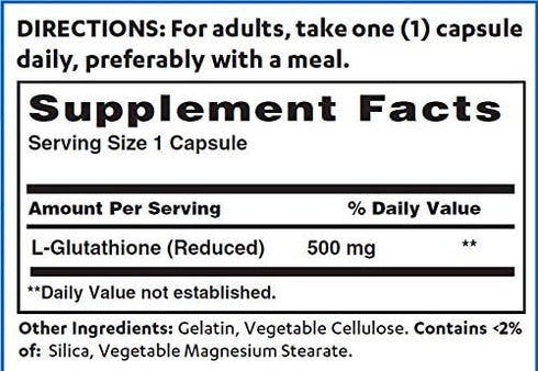 Vitamin World L-Glutathione 500 mg Reduced - 30 Capsules for Antioxidant Support, Rapid-Release, Gluten Free