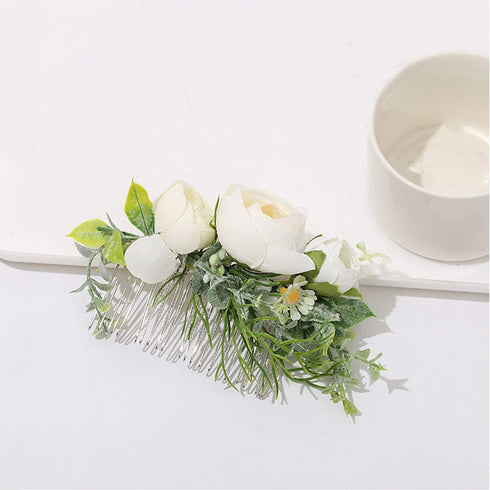 Wedding Bridal Comb Camellia Hair Comb with Ranunculus Green Leaf Floral Clip Headpiece 2002