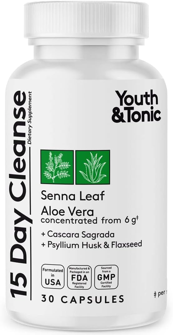 Youth & Tonic 15 Day Colon Cleanser & Detox for Waste Loss, Natural Cleanse Pills for Men & Women, 30 Caps
