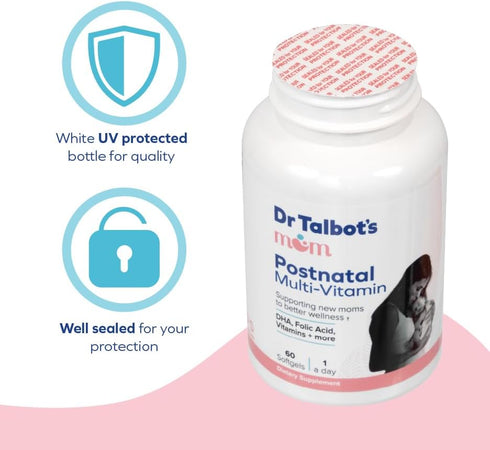 Talbot's 60 Dr. Mom Postnatal Multi-Vitamin - DHA, Folic Acid, Vitamins, and More - Supports New Moms to Better