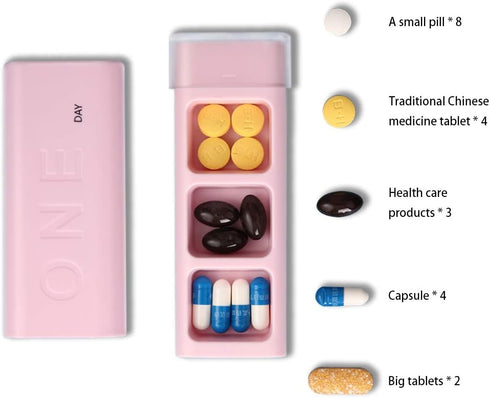 Travel Pill Organizer, 3 Times a Day Pill Box for Vitamins, Fish Oil, Supplements, Waterproof (Pink, 1PCS)