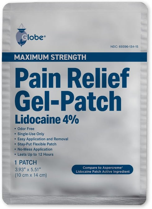 Globe -15 Pack Maximum Strength OTC Pain Relief 4% Lidocaine Patch, 3.9” x 5.5”, Temporary Pain Relief for Back, Neck,