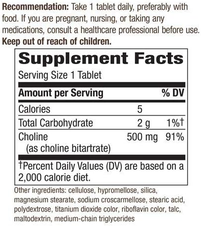 Nature's Way Choline 500 mg, 100 Tablets, Pack of 2 for Health Supplement