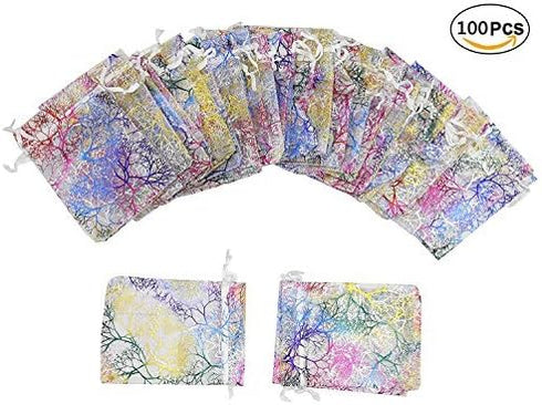 Wudygirl 100pcs Drawstring Organza Bags, 3.54x4.7 inches, White Coralline Pattern for Jewelry, Candy, Wedding Favors