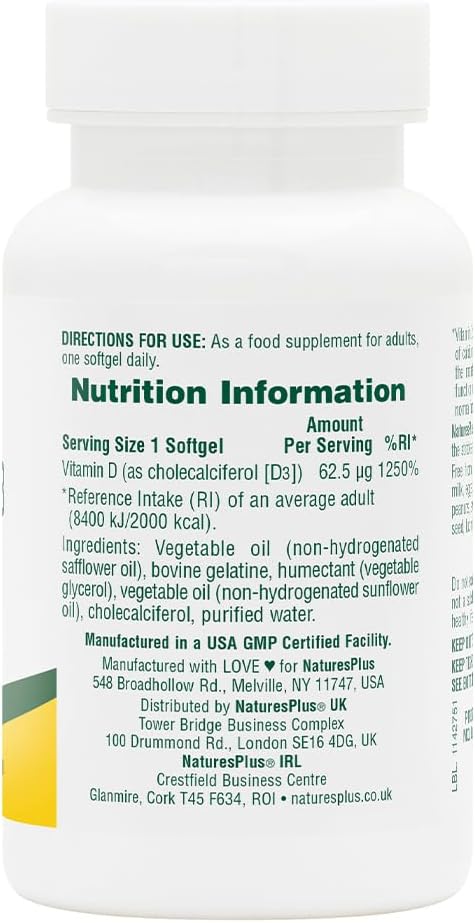 Natures Plus Vitamin D3 (Cholecalciferol) 2500 iu, 90 Softgels - Bone, Heart & Immune Support, Gluten-Free