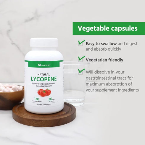 Natural Lycopene 30 mg, 120 Vegetable Capsules, All-Natural Antioxidant Supplement from Tomatoes