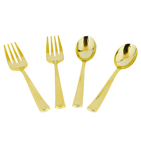 Blue Sky Disposable Gold Serving Spoon and Forks Set, 4 Count for Parties and Events