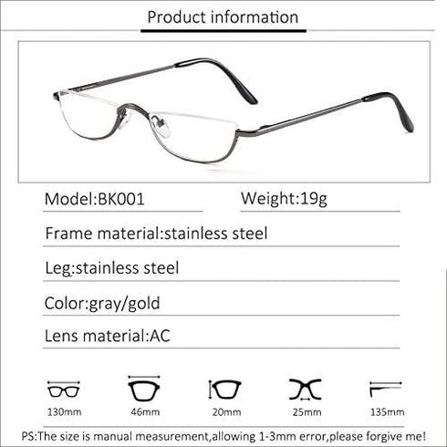Half Frame Reading Glasses for Women Men, 2 Pairs, 1.75 Half Metal Moon Readers