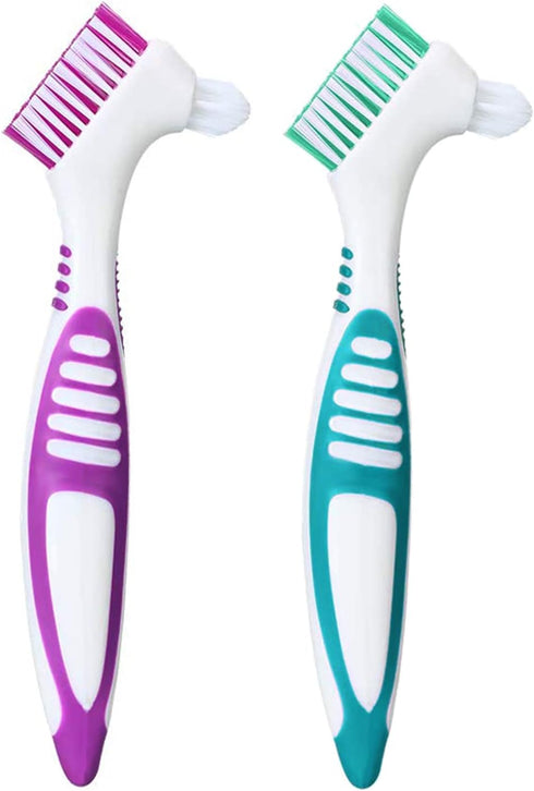 Premium Hygiene Denture Cleaning Brush Set - Multi-Layered Bristles & Ergonomic Handle for Denture Care (Purple & Green)