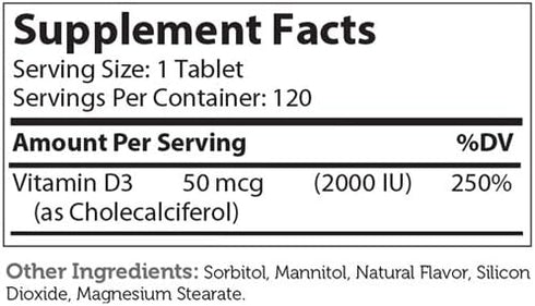 Zahler VITAMIN D3 CHEWABLE 2000IU, All-Natural Supplement for Vitamin D Deficiencies, Certified Kosher, 120 Tablets