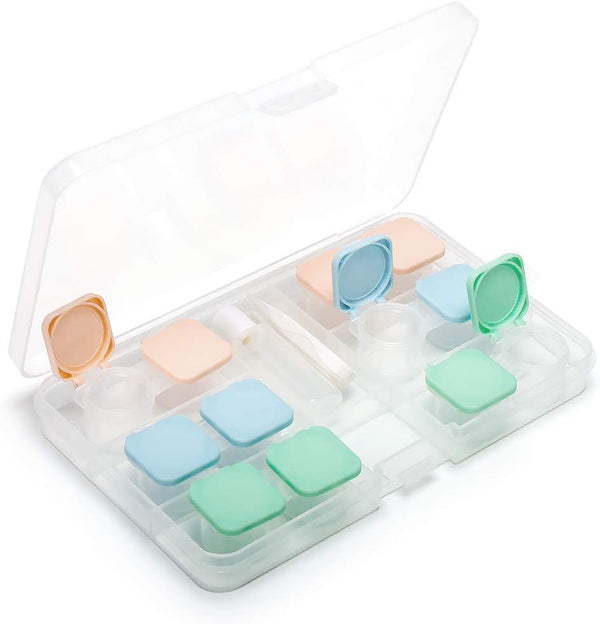 6 Pack Portable Flip Top Contact Lens Case Holder with Remover Tool Tweezers and Solution Bottle