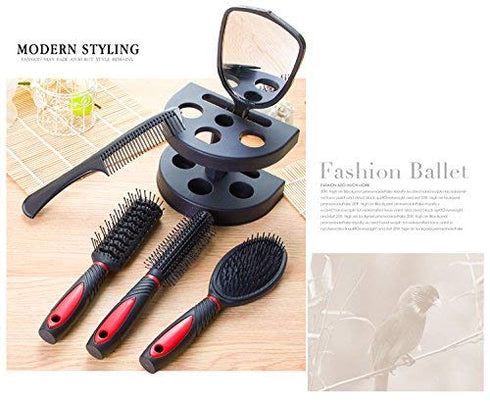 Set of 5 Professional Salon Hair Combs, Hair Cutting Brushes, Hairdressing Styling Tool Mirror and Holder Stand