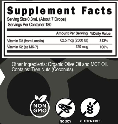 Vitamin D3 + K2 (MK-7) Liquid Drops with MCT Oil & Olive Oil - Vegetarian, Non-GMO, 1 Bottle, 2 Fl Oz