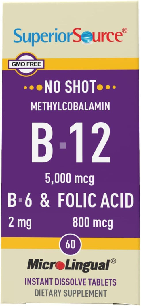 Superior Source No Shot Vitamin B12 Methylcobalamin (5000 mcg), B6, Folic Acid, Quick Dissolve Sublingual Tablets, 60