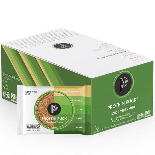 Protein Puck Vegan Protein Bars, Mini Coconut, Dates Flavor Good Vibes, 5g Plant Based Protein, 12 Count