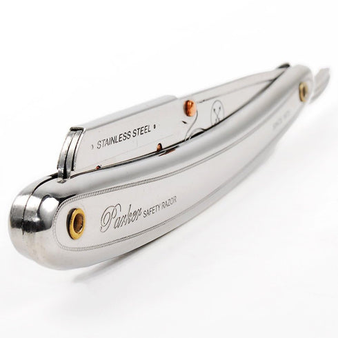 Parker SR1 Stainless Steel Straight Edge Barber Razor, Professional Shavette with 5 Premium Platinum Half Blades