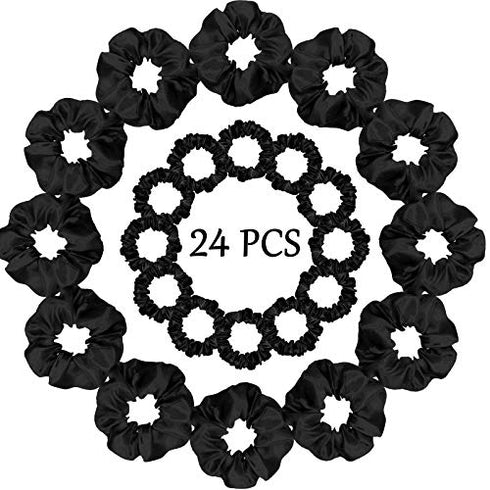 WILLBOND 24 Pieces Satin Hair Scrunchies, Silky Elastic Bands, Skinny Solid Hair Ties for Women, 2 Sizes (Black)