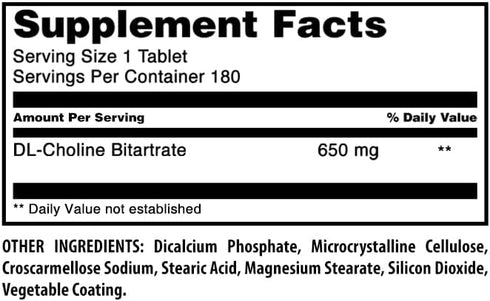 Amazing Formulas Choline Bitartrate Supplement, 650 Mg, 180 Tablets, Non-GMO, Gluten-Free