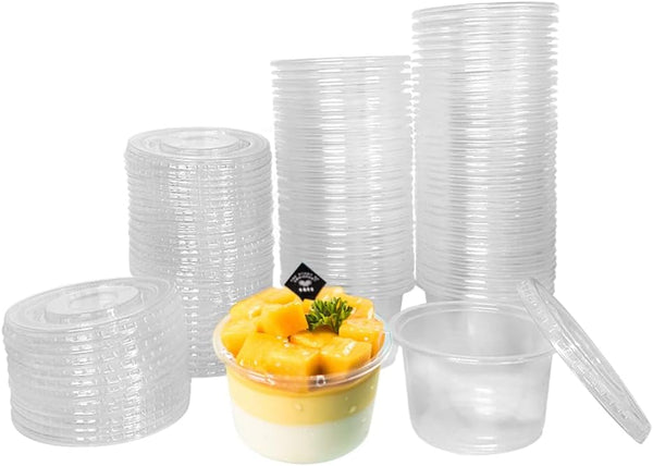 100 Pcs 8 OZ Disposable Plastic Cups with Flat Lids, Snack Bowls for Ice Cream, Cake, Fruit, Parfait, Pudding