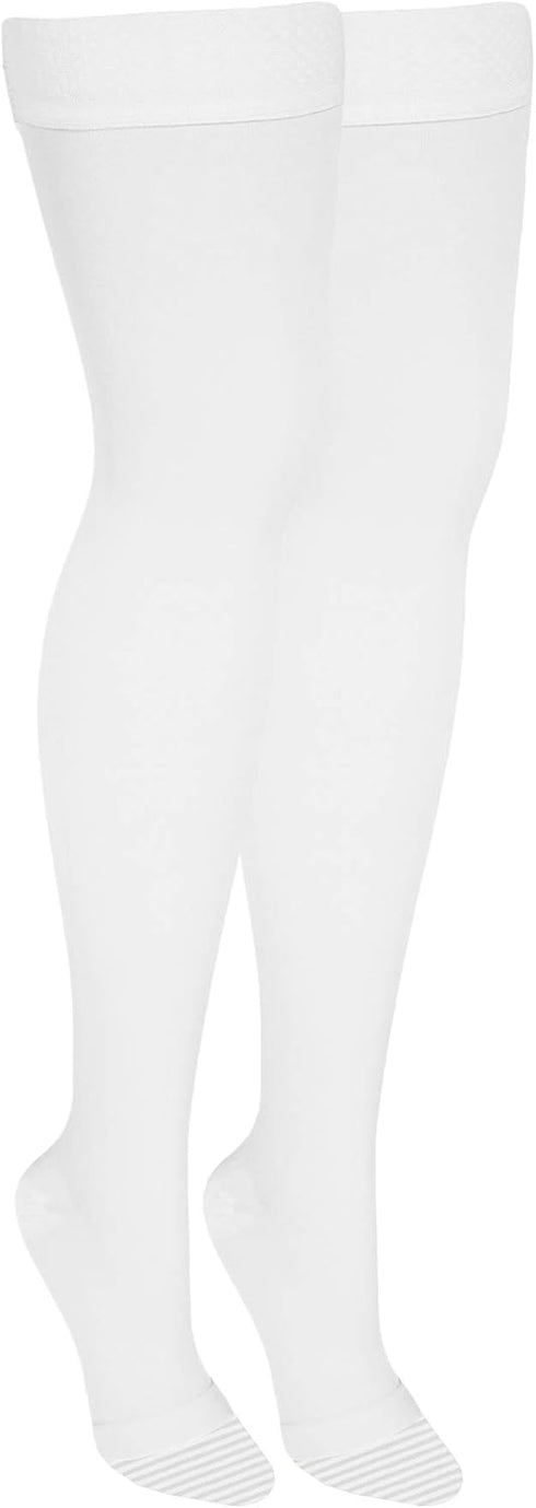 NuVein Medical Compression Stockings, 20-30 mmHg Support, Thigh Length Hose, Open Toe, White, Medium for Women & Men.