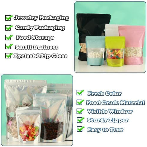 200 Pcs Mylar Bags for Food Storage - 7x10 Holographic Stand Up Resealable Bags for Food, Smell Proof, Black