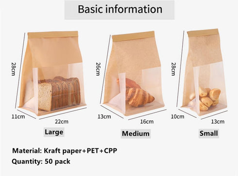 NatureMan 50 Pack Window,11x8.7x3.9inch Packaging (50, Bakery Bags with Resealable Brown Kraft Paper Bread Storage Bags