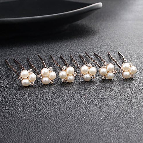 Kercisbeauty Bridal Hair Piece - Wedding Pearl Hair Pins with Rhinestones for Updos, Set of 6, Rose Gold