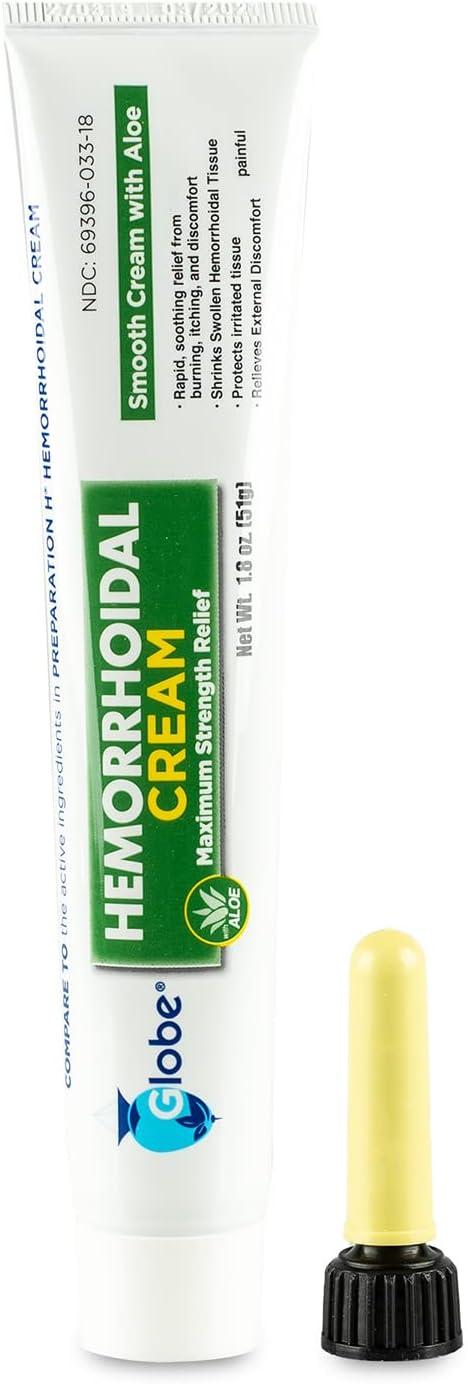 Globe Hemorrhoid Cream (2 Pack, 1.8 Ounce Tube) with Aloe for Relief from Hemorrhoids, Itching, Burning, Discomfort