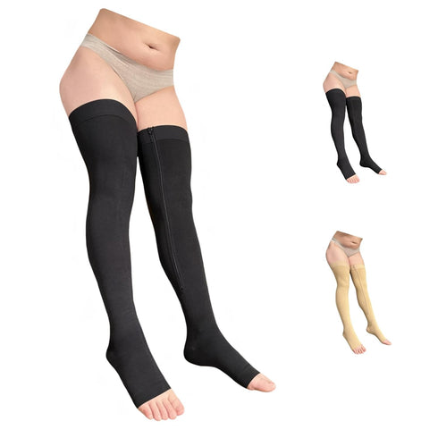 Ziperior Thigh High 20-30 mmHg Compression Wide Calf Inside Leg Zipper Open Toe